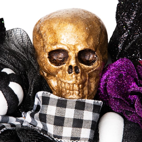 22" Skull with Hands & Purple Roses Halloween Twig Wreath